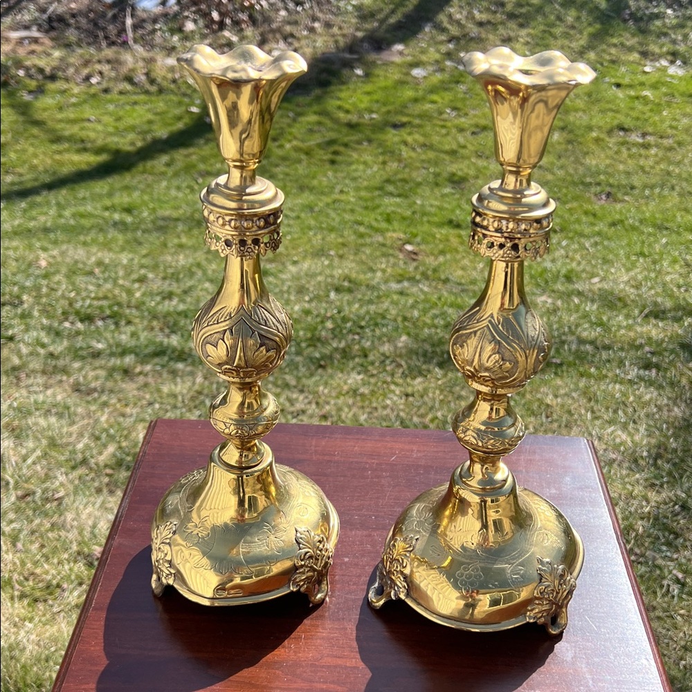 Antique Shabbat Sabbath Brass Candlesticks by Fraget Warszawa Poland Judaica